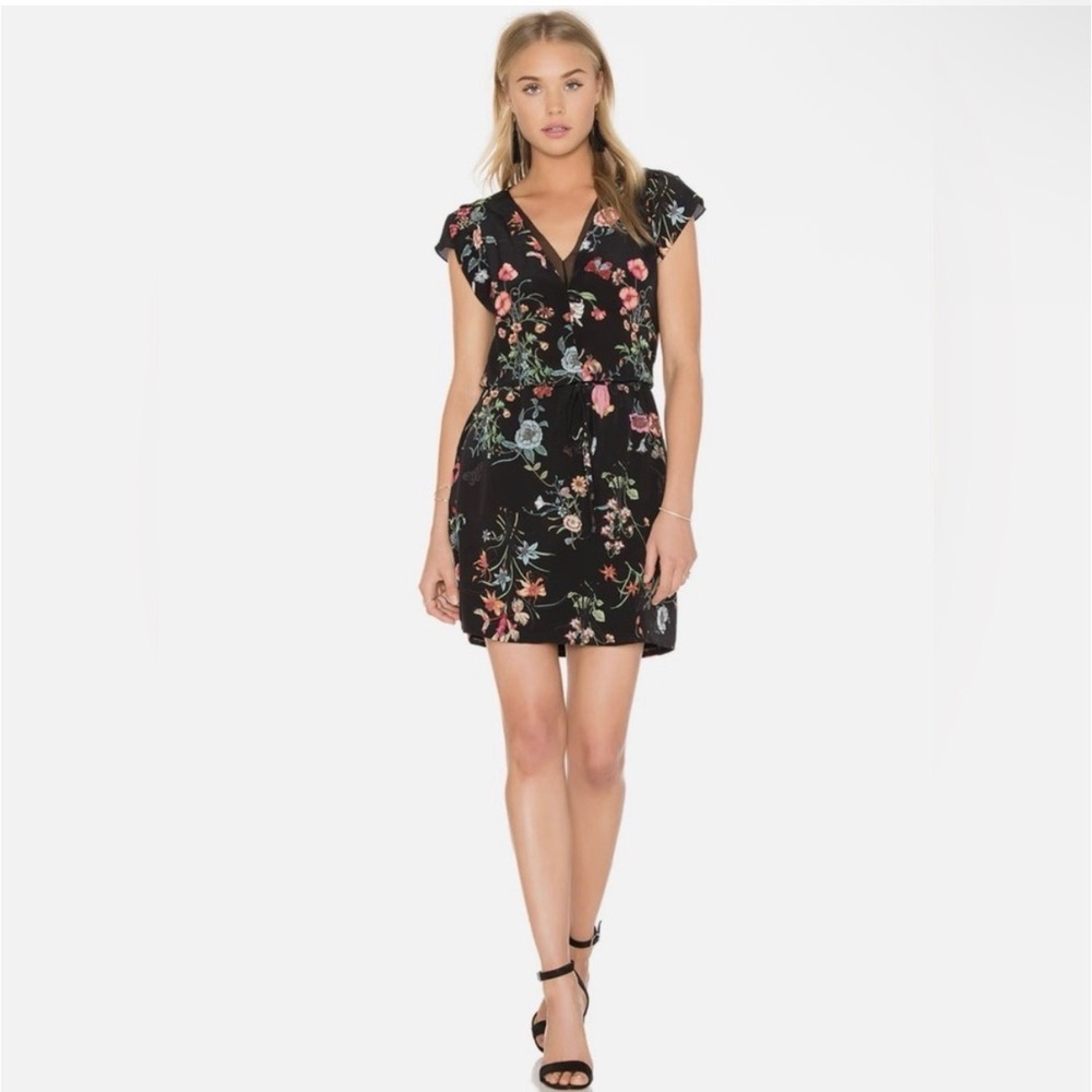 Rebecca Taylor Meadow Silk Floral Mini Dress Black Drawstring Waist Size 4